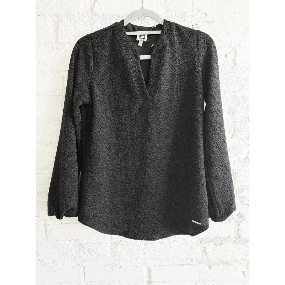 Anne Klein Women’s Small Black Textured V-Neck Blouse Chevron Shimmer